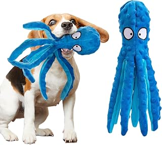 Alphatool Squeaky Dog Toys, Soft Plush Octopus Crinkle Toys, 1pc | No Stuffing, Interactive Essentials for Small Medium Pets Dogs Gifts, Keep Them Busy, Blue