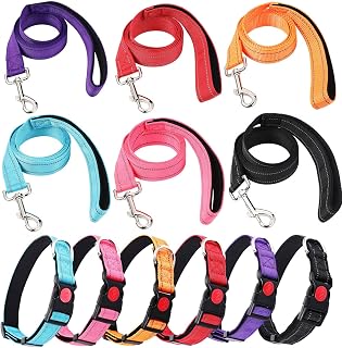 6 Pack Reflective Dog Leash and Collar Set, Lovely Color | Nylon Leashes Adjustable Dog Collar Heavy Duty Padded Handle Leash for Small Medium Large Dogs Walking Training