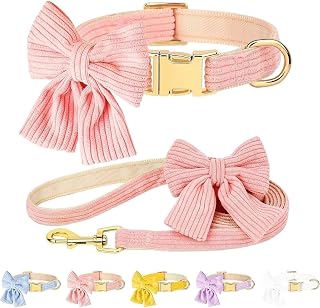Dog Collar and Leash Set with Bowtie, Soft & Cute Puppy Collar, Cotton Puppy Collar with Adjustable Metal Buckle for Small, Medium Dog (Pink, Size S: Neck 10"-16")