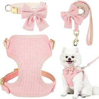 Small Dog Collar Harness and Leash Set, Dog Harness no Pull with Bowtie, Breathable Cotton Adjustable Pet Puppy Harness, Easy Walk Dog Harness, S(14&ndash;18.9")