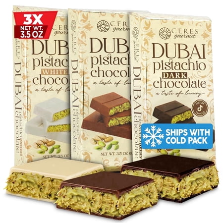 Ceres Gourmet Dubai Chocolate Bar Variety Pack 3-Pack | Dark, Milk & White Pistachio Kunafa Bars | Crispy Knafeh Chocolate Gift Set | 3 x 3.5oz (100g)