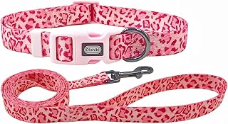 Dog Collar Leash Set, Leopard Pattern, Polyester Material, Adjustable Collar and 5ft Matching Leash, for Small Dogs.(S, Pink Leopard)