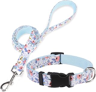 Dog Collar and Leash Set, Adjustable Pet Collars with 5FT Leash | Floral Puppy Collar for Small Dog, Soft with Safety Buckle, Heavy Duty Matching Leash for Boy Girl Doggie Walking Travel, S