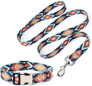 Western Dog Collar and Leash Set, Aztec Tribal Print Quick Release Half-Metal Buckle Soft Durable Boy Pet Collars for Small Medium Large Male Dogs Puppy, Rhombus M