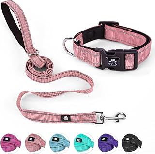 NESTROAD Dog Collar and Leash Set,Reflective Dog Collars for Medium Dogs | Adjustable Nylon Pet Collar with Quick Release Buckle,Medium,Pink