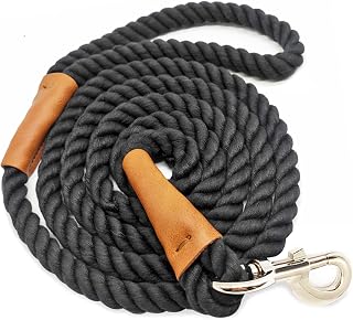 6ft Cotton Dog Leash 1/2" Braided Soft Rope Lightweight Pet Lead | with Leather Tailor Connection Black Leash for Small Medium Large Dogs Walking