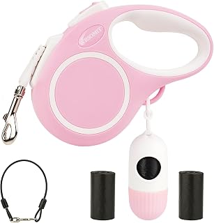 Upgraded 16 Ft Retractable Dog Leash with Chew Proof Cable - Pink | Heavy Duty Dog Leash with Poop Bag Dispenser for Small Medium Large Dogs up to 120lbs, 360&deg; No Tangle, One-Handed Brake