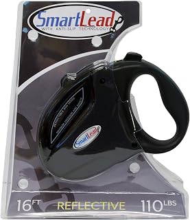 SmartLead RetraCountable Dog Leash, 16 ft, Up to 110 Lb, Black | A reflective, heavy-duty retractable nylon leash with a tangle-free design, anti-slip brake, and easy-grip handle