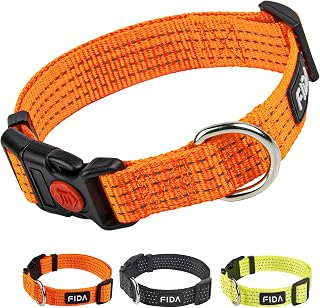 Fida Reflective Nylon Dog Collar with Neon Color for Medium Dogs, Orange | High Visibility for Daily Walks, Locking Buckle For Extra Safety