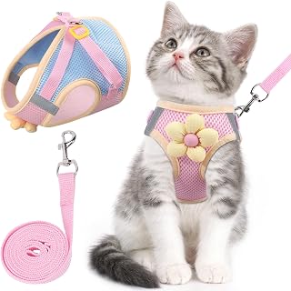 Cat Harness and Leash Set, Escape Proof Soft Vest Walk Pink XS | Adjustable, Easy Wear, Breathable Comfy Mesh, Reflective Strips, Sturdy Clip Buckle Flower Harness for Cats Kitty Puppy Bunny