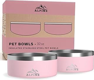 Alpine Set of 2 Stainless Steel Dog Bowls, Non Slip, Metal Pet Bowl for Food and Water, Double Walled Insulated, Rustproof, Dishwasher Safe- 32 Ounces- Pink (AB)