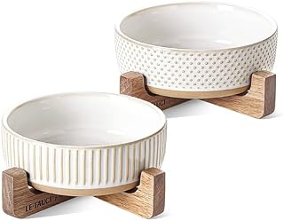 LE TAUCI PET Ceramic Dog and Cat Bowl Set with Acacia Wood Stand - 2 Cup Weighted Non-Slip Food and Water Bowls for Small Dogs & Cats, Lines + Dot
