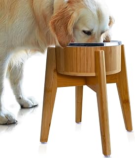 Dog Bowls Elevated for Large Dogs - 15-Inch Bamboo Stand - 74oz | Raised Food Water Bowl 304 Stainless Steel, Slanted Bamboo 4-Leg Stand, Collapsible with Non-Slip Rubber Feet