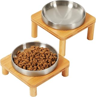 DoogCat Raised Cat Bowl, Elevated Cat Bowls with Bamboo Stand, Set of 2 | Premium Stainless Steel Bowls, Adjustable Height, Whisker-Friendly Design, Elevated Feeding, Easy to Clean