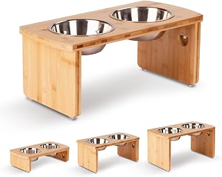 Elevated Dog Bowls, Bamboo Raised Dog Bowl Stand (7" Tall) | Two 40oz stainless-steel bowls, For small to medium dogs, 100% Natural Bamboo, Easy care, Boost pet health, Non‑Slip