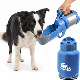 PupFlask Pro Portable Insulated Dog Water Bottle, Stainless Steel Bowl | 30 or 50 oz Leak-Proof Thermos Dispenser Keeps Water Cold 24+ Hours, Built-In Flip Cup for Walking, Hiking and Travel