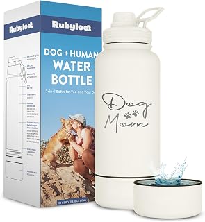Rubyloo Dog Mom Water Bottle with Detachable Bowl for Dog Lovers | 32oz Insulated Stainless Steel Bottle, 8oz Detachable Bowl, Leak-Proof Lid, BPA-Free, Hiking, Walking, Travel, Gift