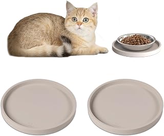 Arespark Pet Silicone Food Mat, Set of 2 Nonslip Waterproof Feeding Bowl Mat with Raised Edges for Food and Water Prevent Spills, Round Eating Tray for Dog Cat Puppy Kitten, 6'' x 6''