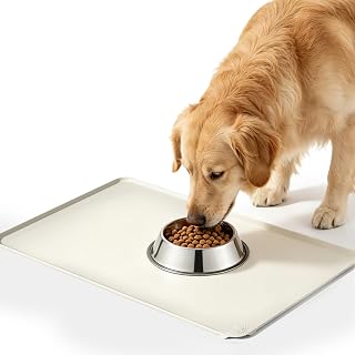Waterproof Silicone Pet Feeding Mat Nonslip Raised Edges 24x16 Beige | for Cat & Dog Fountains Bowls, BPA-free Food Grade Silicone, 0.39" Raised Lip, Roll up for Travel