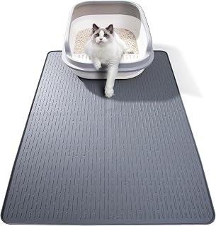 Silicone Cat Litter Mat, Waterproof, Raised Edge, 28 x 20 in, Gray | Quick-clean silicone, leakproof floor protection, non-slip base, doubles as feeding mat