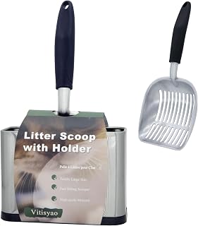 Full Metal Cat Litter Scoop with Holder, Stainless Steel Cat Litter Scooper Holder, Stainless-Steel Kitty Scoop Captures All Clumps, Heavy Duty Kitty Metal Scooper with Non-Slip Handle