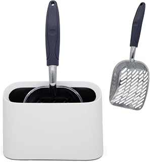 Heavy-Duty Metal Cat Litter Scoop with Holder | Aluminum Cats Litter Scooper Captures All Clumps, Large Kitty Metal Scooper and Holder, Easy to Clean, Fast Sifting (White)