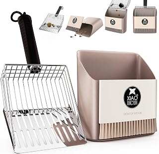 Cat Litter Scooper with Holder, Metal Litter Scoop Includes Portable Small Broom and Dustpan Set, Heavy Duty Stainless Steel Litter Scoop with Coarse and Fine Grid, Quick Sift and Easy Clean