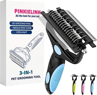 3-IN-1 Pet Grooming Tool - Undercoat Rake, Dematting Comb & Deshedding Brush for Cats, Dogs, Horses - Removes Mats, Tangles & Loose Fur, Reduces Shedding & Prevents Hair Mess (Blue)