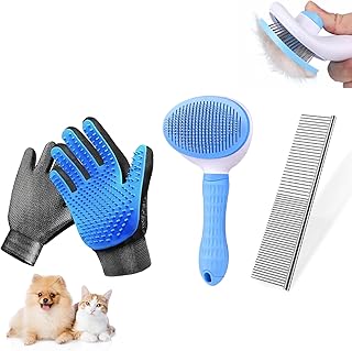 Dog & Cat Brush,Pet Grooming Kit 4PCS- Dog Brush for Shedding| A Pair Pet Hair Removal Gloves| Metal Comb for dog.Removes Undercoat, Tangled, Dirt and Massages. All hair Types