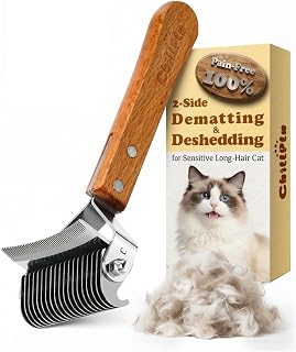 2-in-1 Deshedding & Dematting Cat Brush for Long Haired Cats | Double-Sided Undercoat Rake for Shedding, Efficiently Removes Loose Hair & Tangles, Safe Detangler for Matted Fur