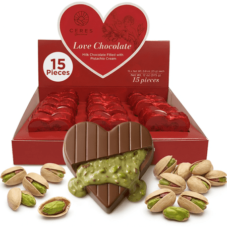 Heart-Shaped Dubai Chocolate Pistachio- 25 g (0.88 oz) Each, 15-Piece Gift Pack, Premium Dubai Pistachio Chocolate with Kataifi Filling