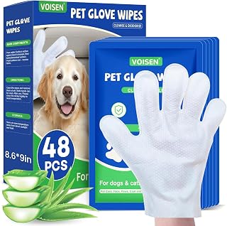 VOISEN 48 Pcs Pet Glove Wipes for Dogs, Pet Cleaning Gloves | Cleaning & Deodorizing Bathing Grooming Wipes,Unscented Thick Nourish Fur Glove Wipes for Pet Cleaning,Daily Care and Travel