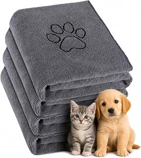 Chumia 4 Pcs Dog Towels for Drying, 16 x 32 Inch, Gray | Absorbent Dog Microfiber Grooming Towels, Soft Pet Bath Supplies with Embroidered Paw, for Small Medium Large Pet Bathing