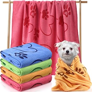 Fanfanwin 4 Pcs Dog Bath Towels Microfiber Drying Dog Towel Absorbent Pet Heart Paw Towels for Medium Dogs Puppy Cats Pets Shower(Blue, Yellow, Pink, Apple Green)