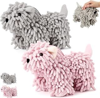 Tegeme 2 Pcs Chenille Dog Hand Towel, Grey Pink, Standing Dog | Fuzzy Towel Absorbent Microfiber, Bathroom Kitchen Countertop Washstand, Soft Lightweight Quick Drying