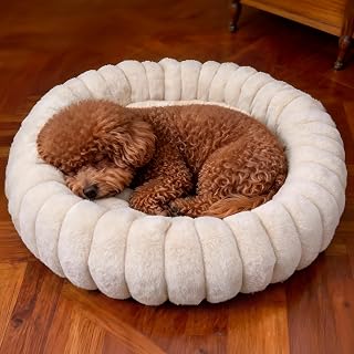 Donut Small Dog Bed Round Calming Kitten & Puppy Bed,20in White | Comfortable Washable Dog and Cat Bed, Fluffy Faux Rabbit Fur Cuddler, Anti-Slip Bottom, Anti-Anxiety, for Pets Up to 12 Lbs