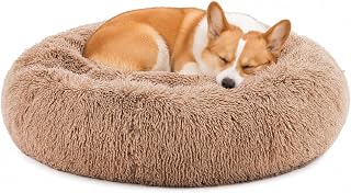 DUMOS 30.7 Inch Large Donut Dog Bed for Indoor Use, Fluffy Faux Fur Plush | Warming Cozy Round Pet Bed, Machine Washable Cuddler, Anti-Slip Bed for Dogs and Cats, Brown