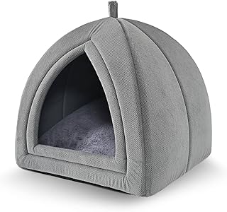 Amazon Basics Cat Bed Cave, 2-in-1 Foldable House for Indoor Cats, with Washable Cushion and Non-Slip Base, 15 x 15 Inches, Small, LightGray