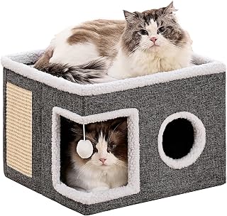 Large Cat Houses for Indoor Cats with Fluffy Ball and Scratch Pad | Foldable Cat Bed Cave for Multiple Pets, Kitten Bed for All Seasons, Non-slip, Hold Up to 30LBS, 16x16x13inch, Grey