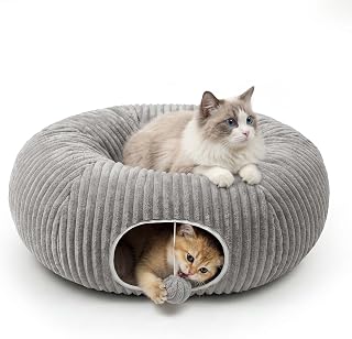 Cat Tunnel Bed for Indoor Cats, Peekaboo Cat Cave Bed, Grey | Soft Cat Donut Tunnel for Kitten Large Cats, Cat Gifts