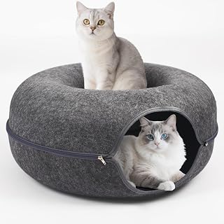 Cat Cave for Indoor Cats Large 45Lbs - Peekaboo Donut Tunnel, Dark Grey | Large 45lbs peekaboo donut cave + tunnel - felt scratcher, detachable