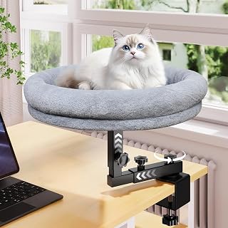 Desk Cat Bed, 18" Cat Bed for Desk, 360&deg; Rotating, Dark Gray | Cat bed desk with plush cushion, reinforced frame and adjustable position for home or office desks.
