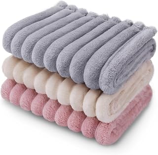 LINENLUX 1 Pack 3 Fleece Dog Blanket Soft Warm Cat Beige/Pink/Grey Small | Ultra-soft 3D cut pile fleece; machine wash cold, low heat dry; furniture protector for dogs, cats, and puppies.