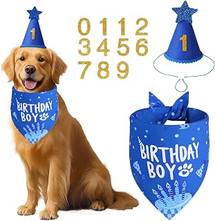 Blue Dog Birthday Party Supplies with Hat Bandana Numbers | Dog Birthday Set for Small Boy Pets Puppy Cats