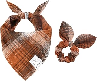 E-Clover Fall Dog Bandanas Matching Dog Bandana and Scrunchie Medium Large | Orange Plaid Dog Bandana Matching Dog and Owner Clothes dog Mom Gifts Girl Dog Bandanas