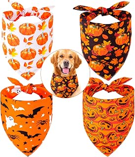 Whaline 4 Pack Fall Dog Bandanas Reversible Halloween Triangle Bibs Pumpkin Ghost Bat Pet Scarf Thanksgiving Washable Cotton Pet Neckerchief for Medium Large Pets Cats Dogs