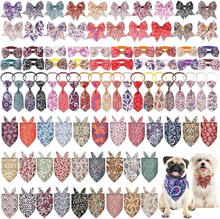 Reginary 120 Pcs Paisley Dog Bandanas Bulk Dog Bows Set Bow Ties Cat Scarf Colorful Washable Triangle Pet Kerchief Cute Bib for Summer Small Medium Large Pets Grooming Accessories Costume