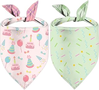 Birthday Dog Bandanas, Double Side All 4 Patterns Reversible Large Pet Bandanas 2 Pack, Celebration Set, Plaid Adjustable Triangle Holiday Pink Green Scarves for Dogs Girl Boy Pets S