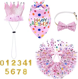 hoyuwak Dog Birthday Party Supplies Girl Dog Birthday Bandana Tutu Set | Cute Hat Bow Tie Set for Large Medium Small Dogs