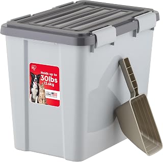 IRIS USA Dog Food Storage Container, Up to 30 lbs, Gray/Dark Gray | Made in the USA, Comes with 2-Cup Scoop, Stacklable, BPA-Free, 4 Secure Latches, Bird Seed, Chicken Feed, Pellets, Camping